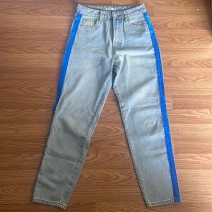 Adika Denim mom jeans with blue velvet seam in size S